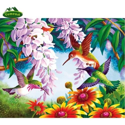 YUMEART Flying Birds and Pink Flower Wall Painting Cross Stitch Mosaic Needlework Rhinestones Diamond Embroidery Home Decor