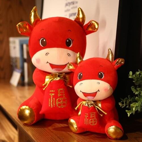 Funny Chinese Zodiac Ox Cattle Plush Toys Red Milk Cow Mascot Stuffed Doll For Children Girls Birthday New Year Gifts
