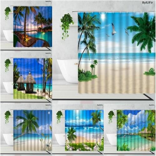 Blue Sky Sun Beach Landscape Shower Curtains Green Plants Coconut Tree Wooden House Holiday Scenery Bathroom Waterproof Curtain