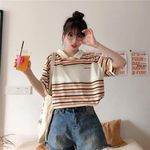 2021 Summer New Striped T-shirt Womens Comfortable Lapel Short-Sleeved T-shirt Loose Casual Fashion Ladies Bottoming Shirt