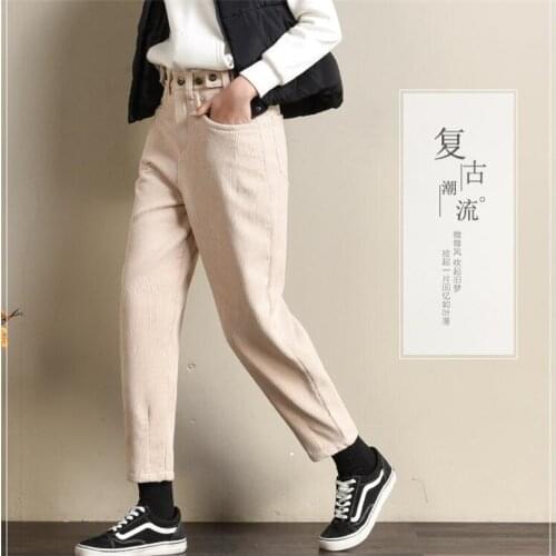 Fashion corduroy pants womens autumn and winter new plus velvet thick Korean version of the loose fairy radish warm pants TB181