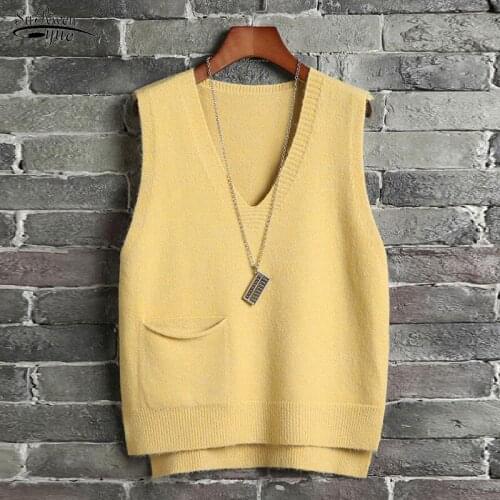 Autumn Winter 2021 Solid Sweaters Women Loose Knitted Pullover Sleeveless Sweater Vest Women Korean V Neck Knit Womens 16056