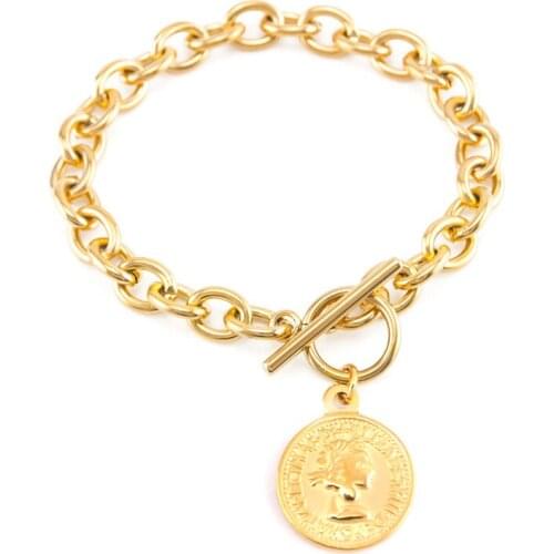Women Lucky Elizabeth Coin gold medal Bracelet Stainless Steel T bar Toggle Clasps Bracelets personalized base Gift Cuff Bangles