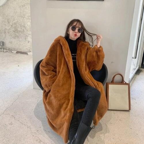 2021 Winter Thick Warm Long Hooded Rabbit Fur Coat Women Zipper Overcoat Oversized Loose 6 Color Luxury Faux Fur Jacket Female