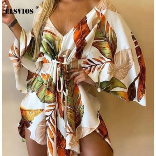Lady Sexy V-Neck Mini Dress 2021 Autumn Fashion Irregular Batwing Sleeve Belt Vestidos Summer Women Casual Print Beachwear Dress