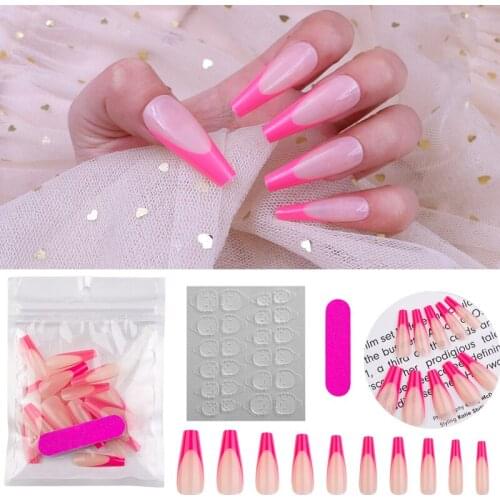 20PCS Fashion Colorful False Nails Long Detachable French Fake Nail Coffin Nail Tips Press on Nail Art Tool with Jelly Stickers