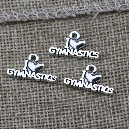 High Quality 20 Pieces/Lot 11mm*20mm Antique Silver Plated I Love Gymnastics Small Gymnastics Charms For Jewelry Making