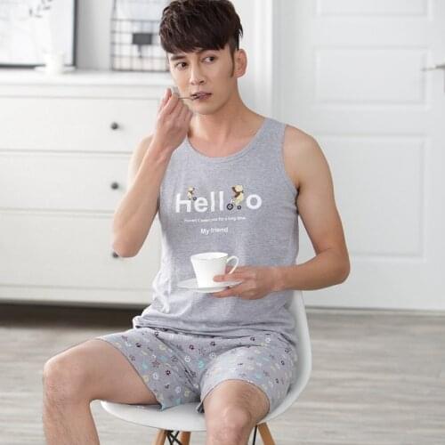 2021 Summer 100% Cotton Print Sexy Sleeveless Vest Pajama Sets for Men High Quality Sleepwear Suit Pyjamas Homewear Home Clothes
