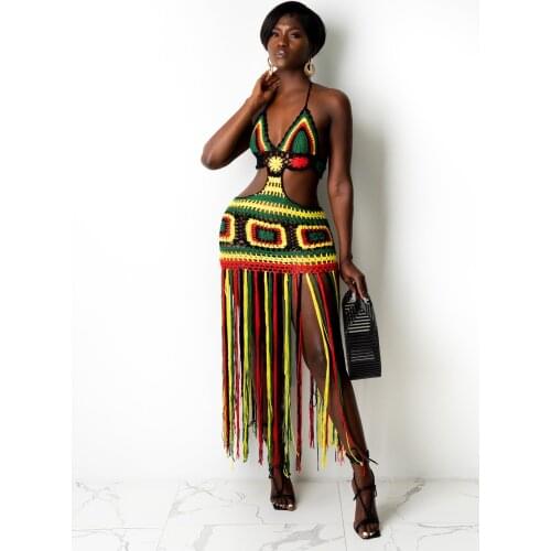 2021 Best Quality Fashion Design Dress Patchwork Tassel Halter Strapless Summer Beach Maxi Dress