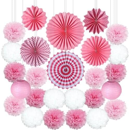 26pcs/set Pink Blue Green Red Paper Fan Flower Paper Lantern Pompoms Decoration Kids Birthday Party Wedding Shower Home Decor