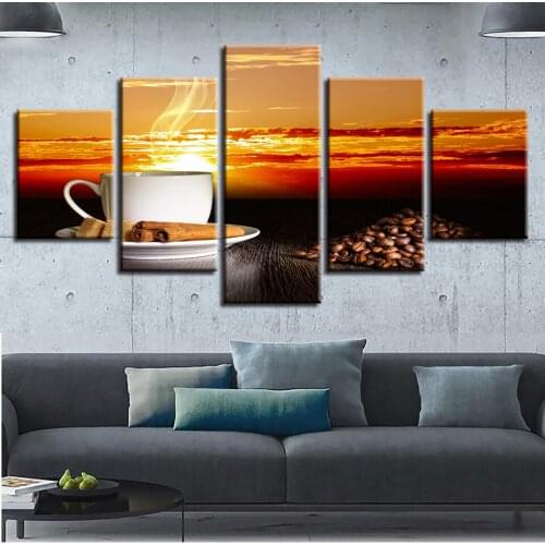 Canvas Pictures Framework Prints Poster 5 Pieces Sunset Coffee Landscape Painting Modular Kitchen Wall Art Restaurant Home Decor