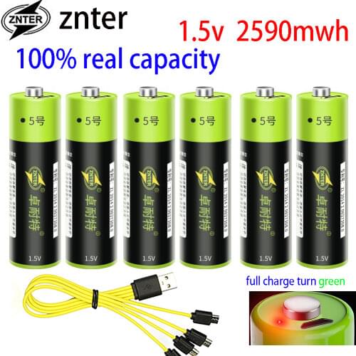 6pcs ZNTER 2550mwh 1.5V AA 1700mAh li-polymer usb aa rechargeable lithium li-ion battery with 1 4in1 USB cable pack