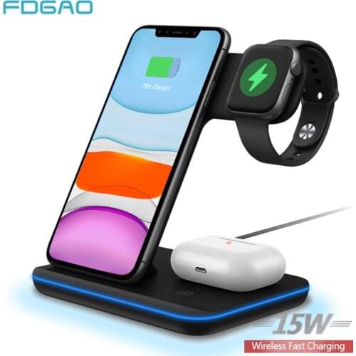 15W 3 in 1 Qi Wireless Charger Stand for iPhone 12 11 XS XR X 8 AirPods Pro Fast Charge Dock Station For Apple Watch 6 5 4 3 2