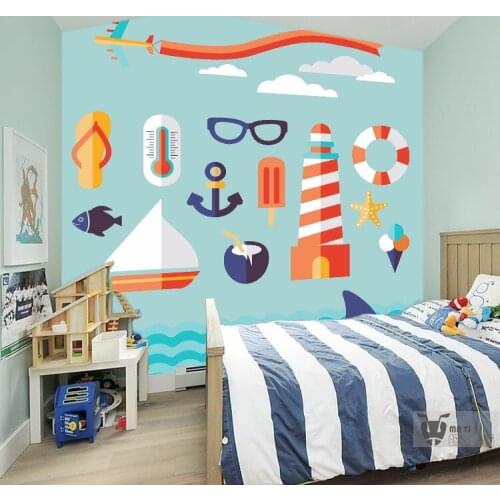 Large mural childrens room cartoon wallpaper / sailing pattern / resort / Bedroom Living Music Custom Size