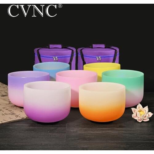 CVNC 6-12" Quartz Crystal Singing Bowls 432Hz Chakra Tuned Set of 7 Colored for spiritual meditation