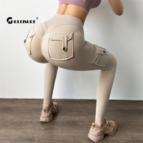 CHRLEISURE Push Up Sport Leggings Tight High Waist Deep V Tooling Yoga Sportswear Running Quick Dry Elasticity Gym Womens Pants