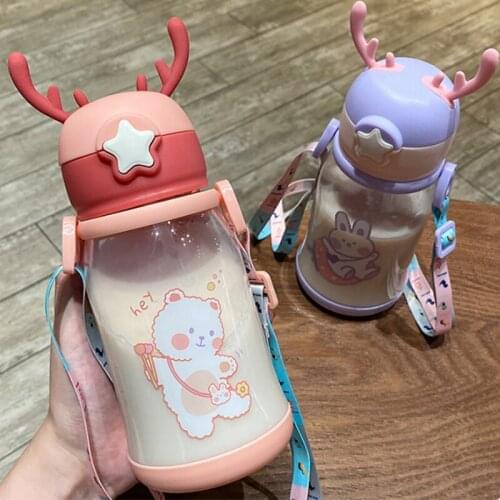 Childrens water cup cute creative antlers large capacity hygienic straw cup transparent plastic outdoor portable water bottle