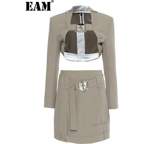 [EAM] Half-body Skirt Hollow Out Two Pieces Suit New V-Neck Long Sleeve Black Loose Women Fashion Spring Autumn 2021 1DE1170