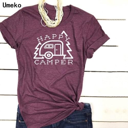Plus Size New Fashion HAPPY CAMPER Letter Printing O-Neck T-Shirts Women Tees Tops Female Fashion Loose Tshirt Casual Clothing