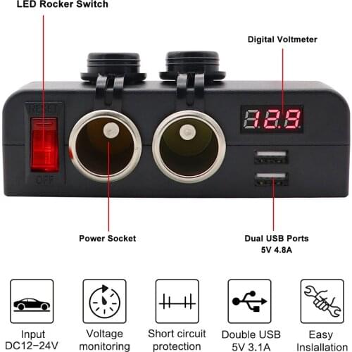 Cigarette Lighter Socket Voltmeter with Rocker Switch 3.1A Dual USB Car Charger Easily Installation Personal Car Elements