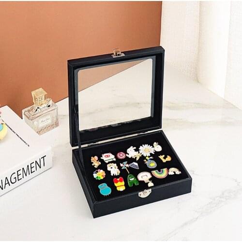 HOSENG Black 7.88 x 5.91 x 1.97 Inch Portable Jewelry Display Case Clear Window Box Brooch Storage Showcase Metal Lock HS_476