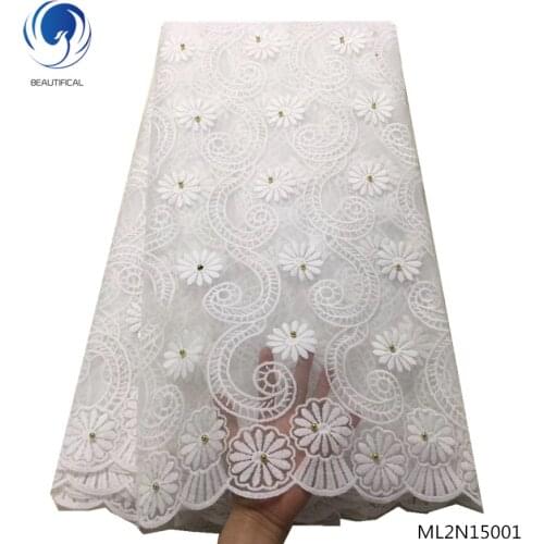 Beautifical net lace fabrics french tulle lace fabric with beads white african fabrics dress for wedding 5yards/lot ML2N150