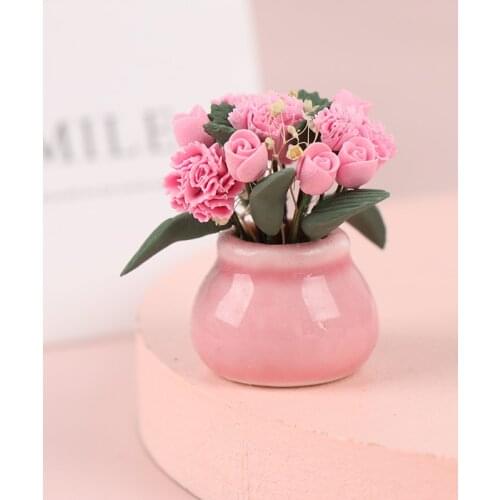 1:12 Doll House Miniature Flowers Fairy Garden Mini Potted Plant Flowers Pot DollHouse Decor Bonsai Model Home Decoration