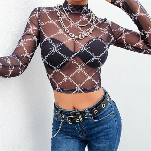 Summer Womens T-shirts Thorn Print Gauze Perspective T-shirts Sexy Show Your Navel CropTop Long Sleeve O-Neck Slim Tees Female
