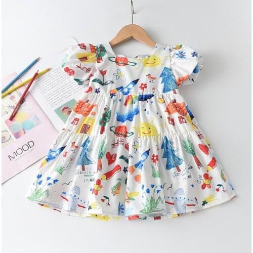 Menoea Girls Casual Dress 2020 Summer Girls Dress Cartoon Puff Sleeve Short Sleeves Princess Cartoon Dress Kids Children Clothes
