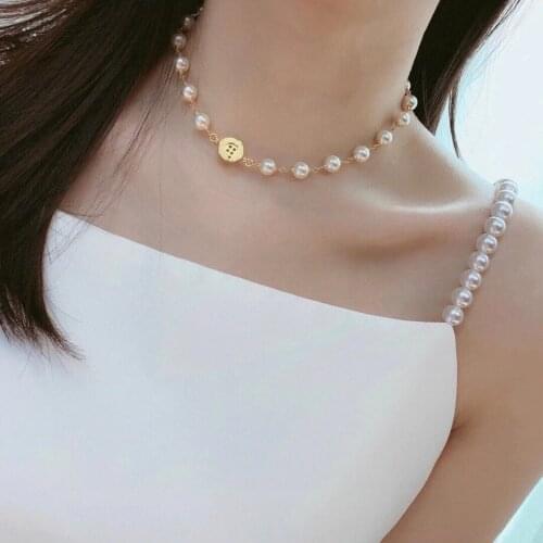 Fashion vintage gold button choker pearl party necklace luxury brand jewelry for women