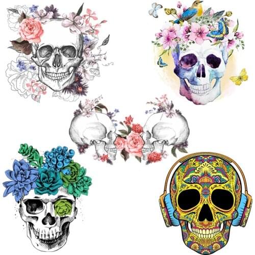 Fashionable punk-style skull head printed on a T-shirt or canvas bag with a heat transfer pattern for womens flower stickers