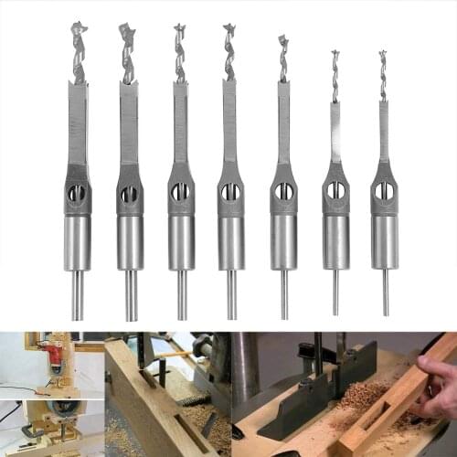 7PCS HSS Square Hole Drill Twist Drill Bits Square Auger Mortising Chisel Drill Set Square Hole Woodworking Drill Tools Kit Set
