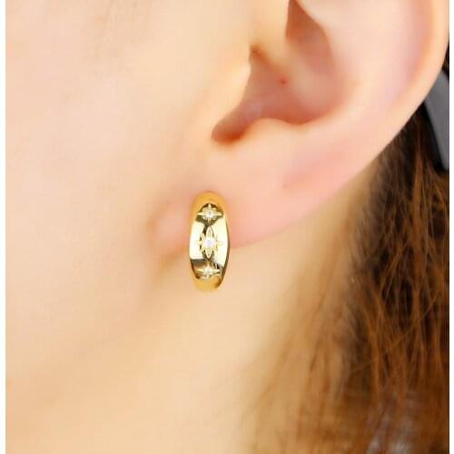 Top quality minimal hoop earring for women gold filled carve northstar with cz stone delicate small loop nice jewelry earrings