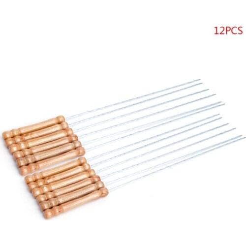 Stainless Steel BBQ Roast Barbecue Skewer Grill Kebab Needles Stick Wood Handle GXMA