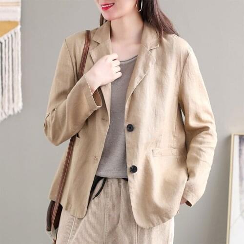 2020 Autumn New Arts Style Women Long Sleeve Solid Cotton Linen Blazers Single Breasted Loose Casual Blazer Femme Coat M280