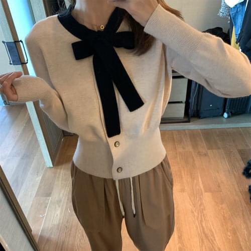 Korobov 2021 Autumn Sweaters Korean Lacing Bow Hit Color Patchwork Cardigans Sweater Vintage Japanese Sweet Chic Cardigan