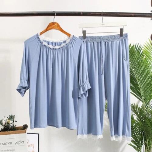 Pajamas women new short sleeve cropped pant sleepwear pyjama set modal cotton home wear clothes loose lace sweet pijamas suit