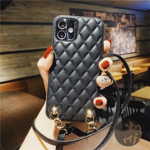 Luxury lattice hard leather Satchel Lanyard Phone Case For apple iPhone 12 Pro Max 7 8 Plus X XS XR 11 SE MiNi Metal lens Cover