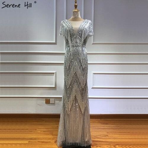 Dubai Grey V-Neck Tassel Luxury Prom Dresses 2020 Latest Design Short Sleeves Sexy Prom Gowns Serene Hill BLA60918