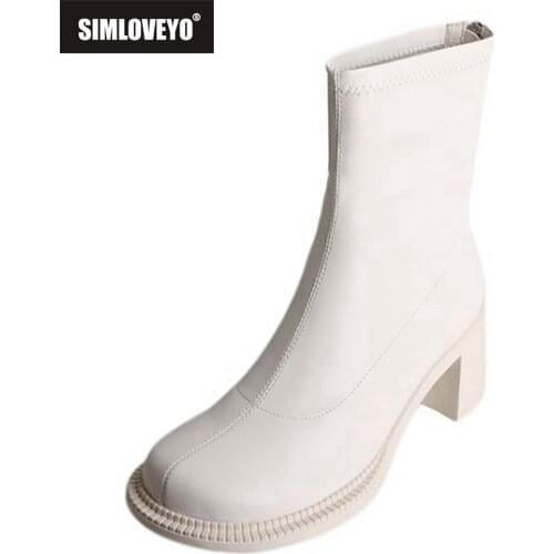 SIMLOVEYO 2021 Real Leather Mortorcycle Ankle Bootie Stretchy Designer Women Round Toe Square Mid Heel Zipper 40 Black S2422