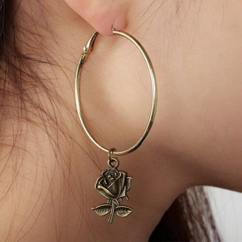 Vintage Bronze Silver Plated Dangle Rose Flower Women Retro Big Circle Hoop Earrings