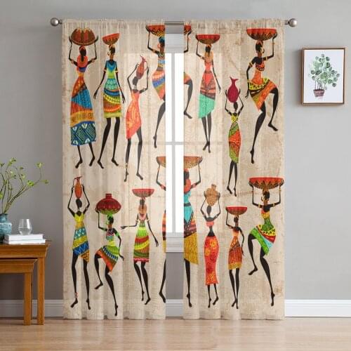 Ethnic African Women Print Sheer Window Panel Curtains Room for Living Room Bedroom Kitchen Room Chiffon Tulle Curtains