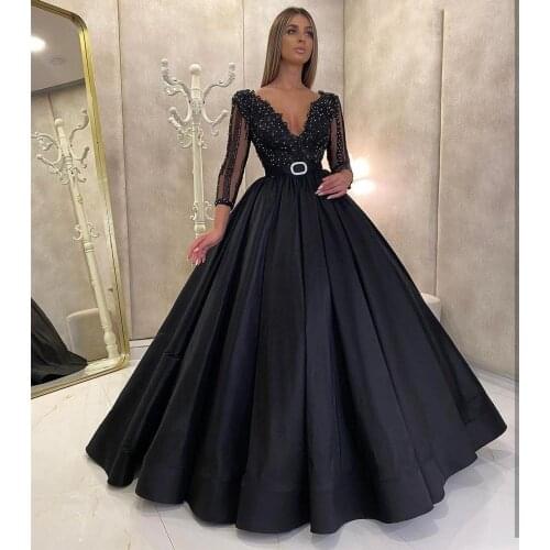 Evening Dress 2021 Sexy V-Neck Ball Gown Black Crystal Beading Long Sleeve Floor Length Gorgeous Belt High Quality Women Party