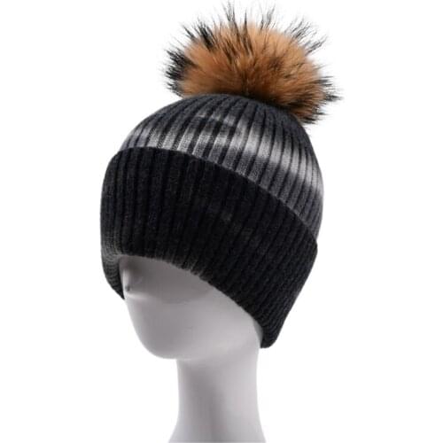 Women Men Winter Warm Ribbed Knitted Beanie Hat With Detachable Fluffy Pompom Gradient Tie-Dye Print Harajuku Windproof Cuffed