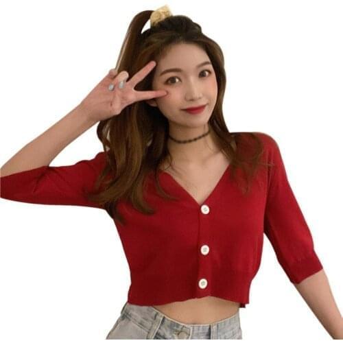 Womens Fashion V-neck Button Short Section Exposed Navel Knitted Short Sleeved T-shirt Cardigan