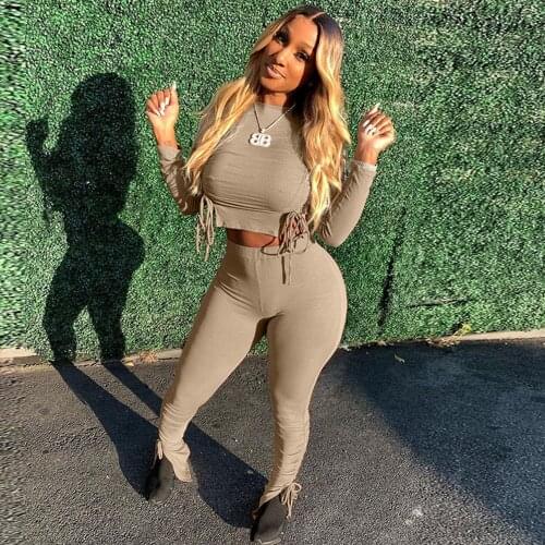 Ribbed Knitted Two Piece Set for Women Drawstring Ruched Crop Top and Side Slit Stacked Leggings Bell Bottom Matching Sweatsuit