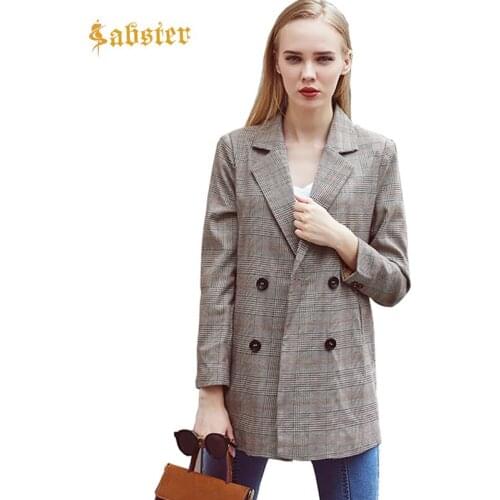 2019 New Fashion Vintage Women Long Coat Plaid Pockets Blends Office Work Lady Slim Elegant Female Warm Coat xz001