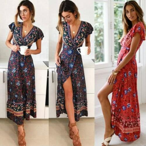 Women Boho V Neck Slim Waist arrival Sexy Long Maxi Dress Summer Beach Hot Party Floral Printed Sundress 2019