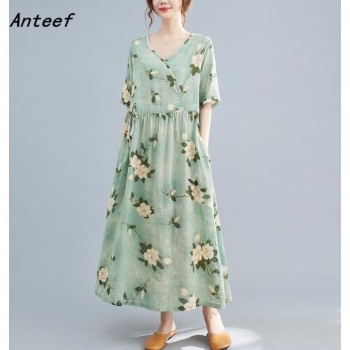 Anteef short sleeve cotton linen vintage floral dresses for women casual loose long woman summer dress elegant clothes 2021