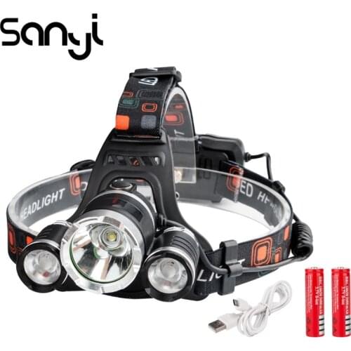 SANYI 1*T6+2*R2 LED Headlamp 4 Modes USB Rechargeable Headlight Helmet Torch Head Flashlight for Camping Running Hiking